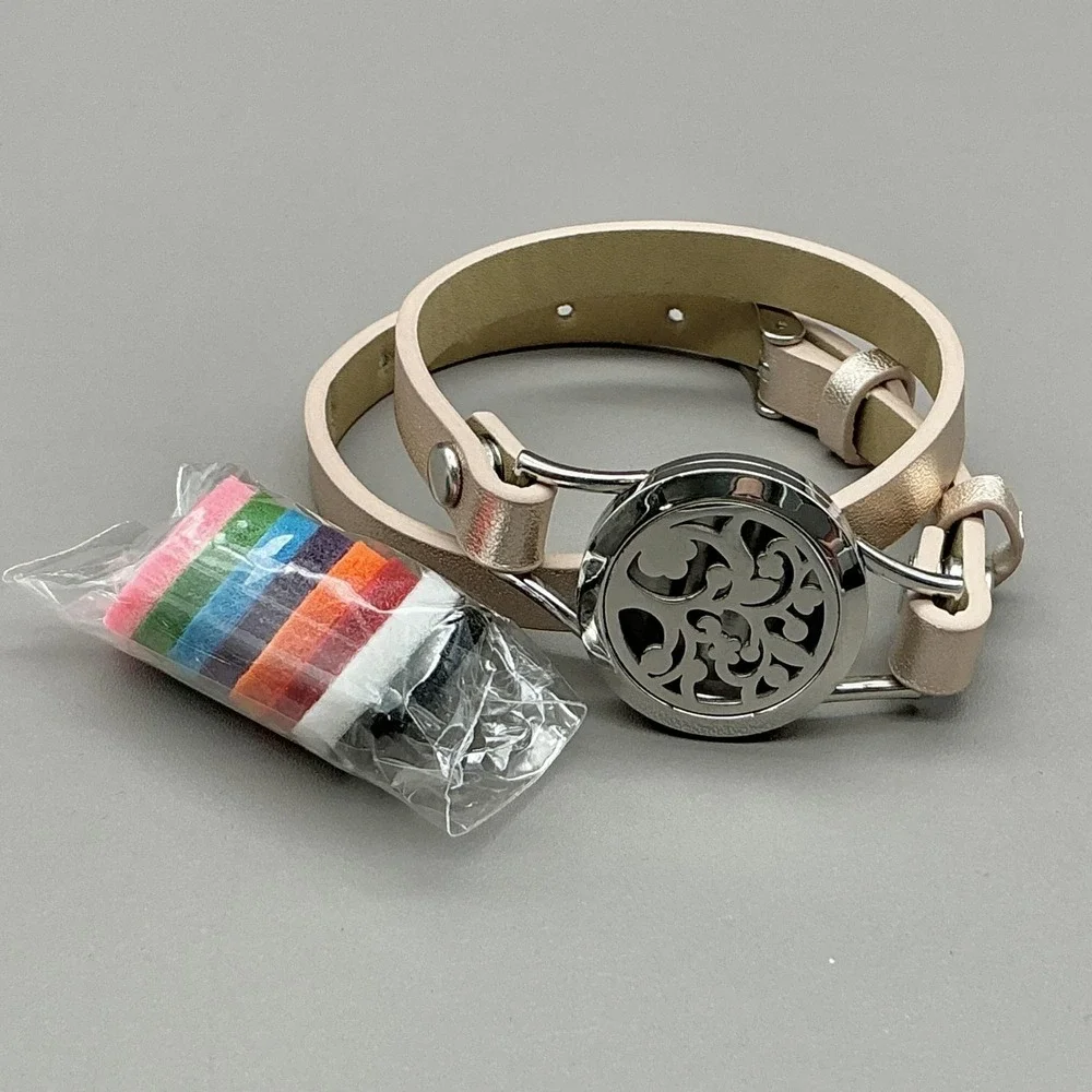 Bracelet Silver Beige Leather Wrap Tree Of Life Diffuser Locket Womens Jewelry